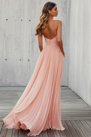 Pink A Line Pleated Long Wedding Guest Dress